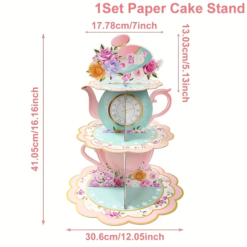 TEMU 1set, Cupcake Stand (non-food Contact), Vintage Tea Party Cake Stand, 3-tier Pink Floral Tea Party Theme Cake Stand, Birthday Display Stand,