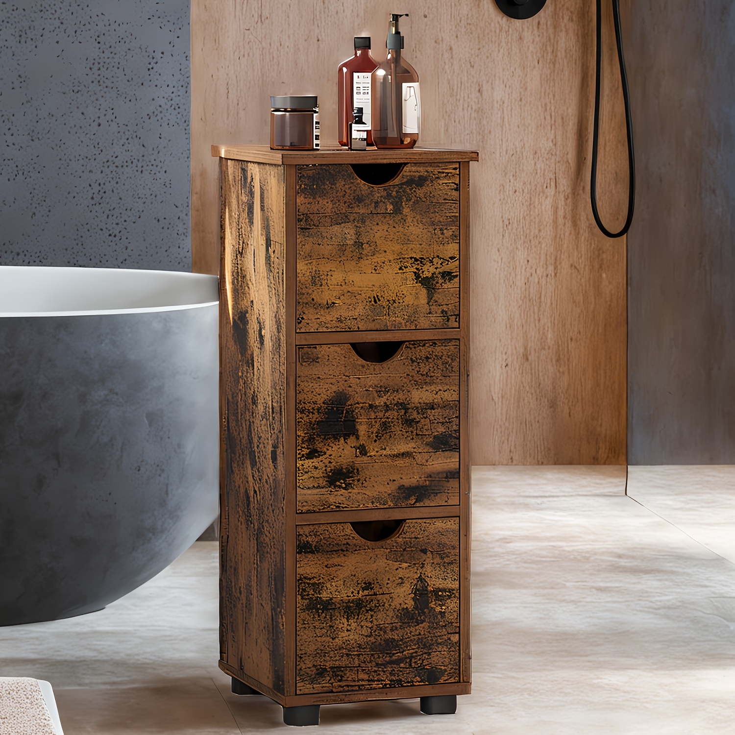 Image of Bathroom Cabinet, Storage Cabinet, With 3 Drawers, Cabinet With 3 Levels, Bathroom, Living Room, Bedroom, Rustic Brown, Storage Drawer Units