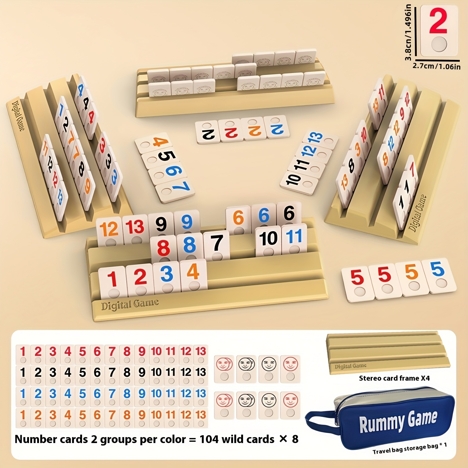 Large Rummy Number Cards - Fun Party Number Game, Rummy Card 4 Players Edition with 112 Cards and 4 Trays. Travel Rummy Collection and Portable Travel Bag, Strategy Board Game, Essential Family Game