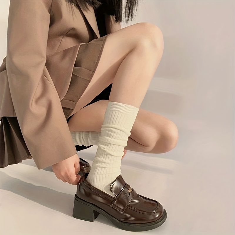 TEMU 1 Par de Calcetines Altos la Suaves y Transpirables para Mujer - Estilo Preppy a Rayas Sólidas, Calcetines Casuales Cómodos de , Adecuados para