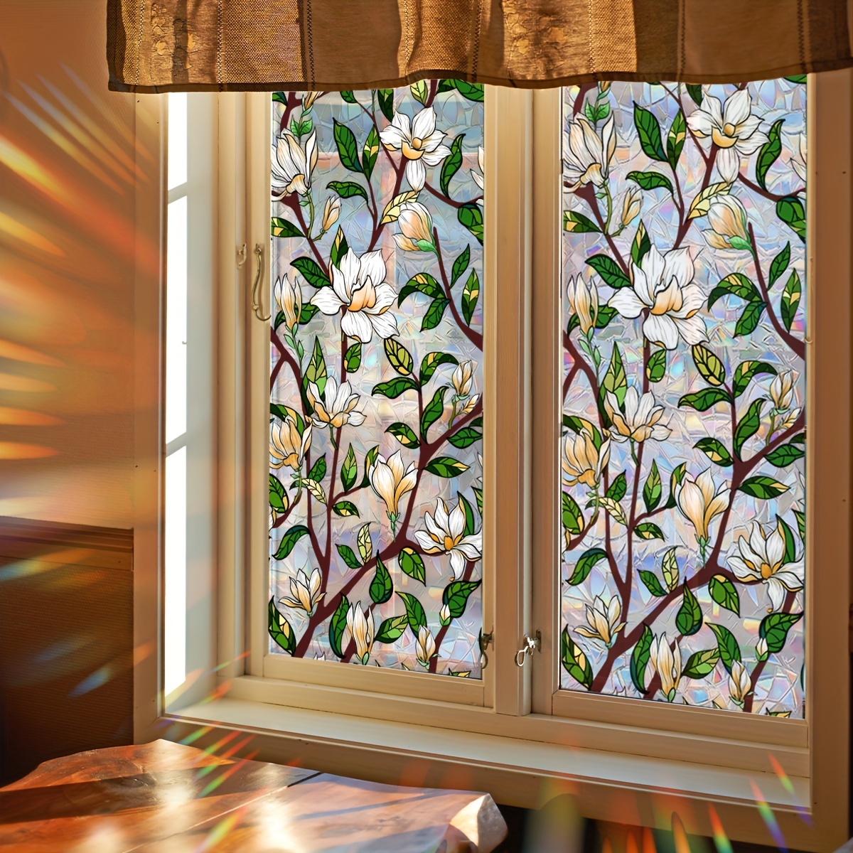 

1 Sheet Vibrant Magnolia Stained Glass Window Cling - Dual-sided, Sunlight-reflective, , Reusable Pvc Decorative Film, 45x200cm, Adds To Any Room