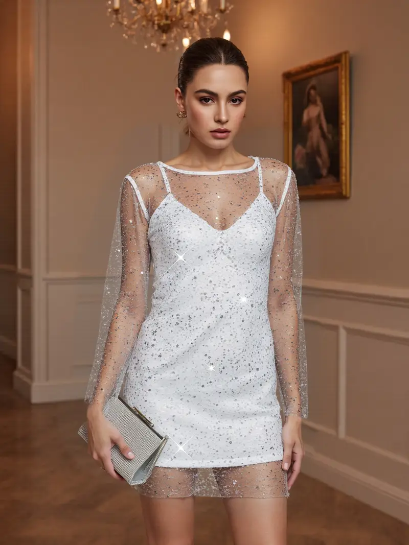 sparkly long sleeve round neck sequin mini dress - white Interstella Sequin Long Sleeve Mini Dress White