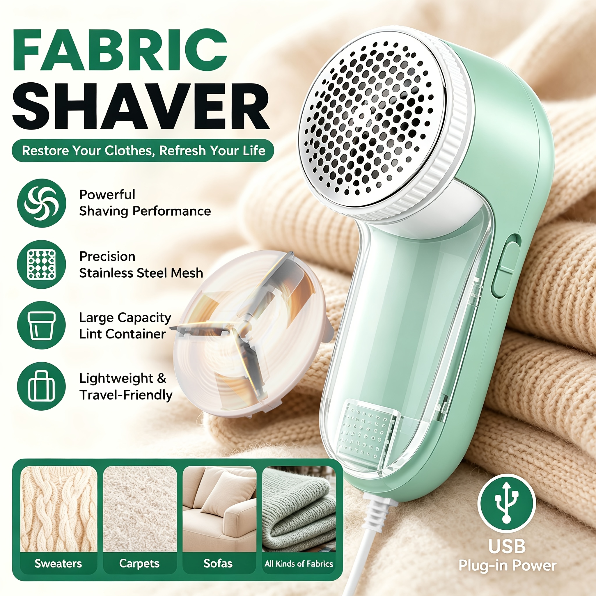 TEMU Rasoir à tissu puissant alimenté par USB avec de et bac à peluches de grande capacité ; convient pour pulls, tapis, canapés, couvertures et