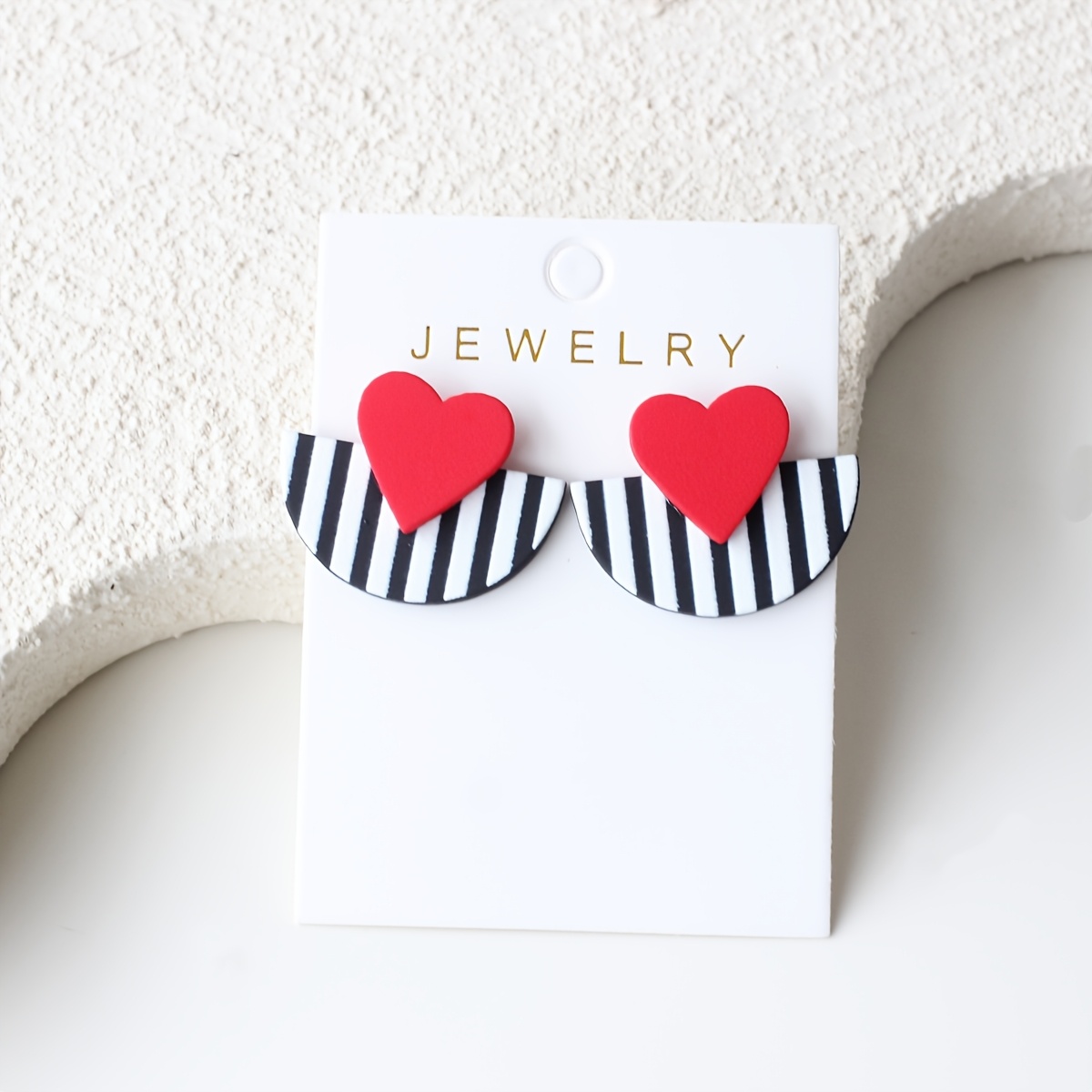 TEMU 1 Pair Of Red Heart Striped Black Contrast Color Vintage Geometric Acrylic Women' Earrings, Earthenware Clay Texture, Elegant And Cute, Suitable