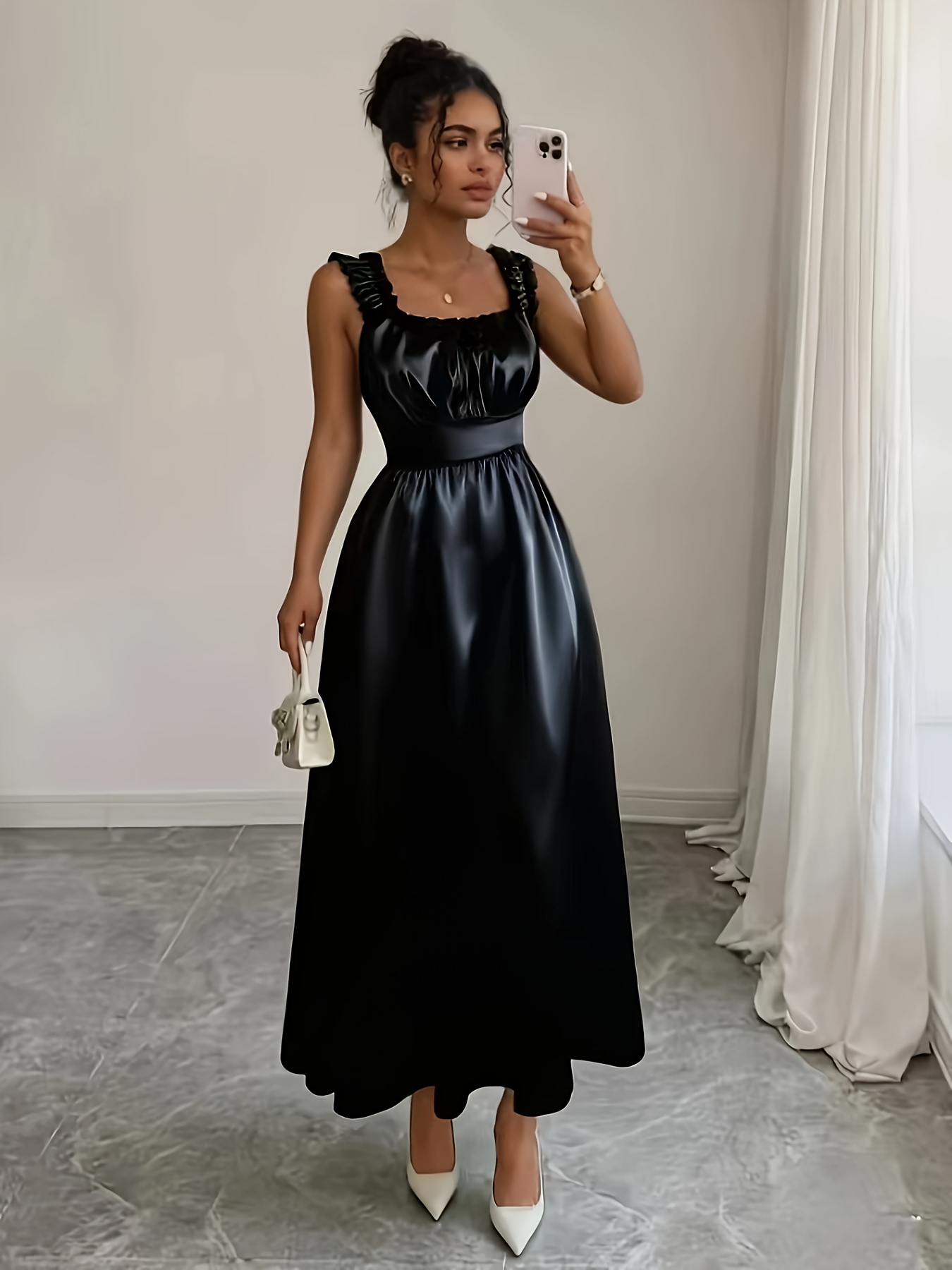 * Black Satin Square Neck * Maxi Party Dress