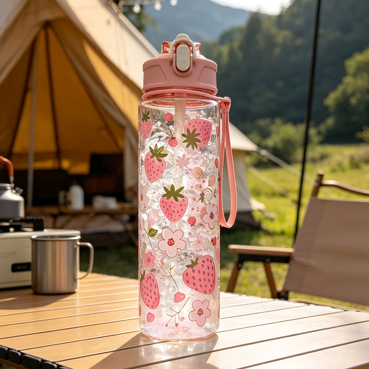 TEMU A 750ml Summer-themed Portable Water Bottle With A Puppy And Strawberry Print, Suitable For Back-to-, Home, School, Sports, And Outdoor