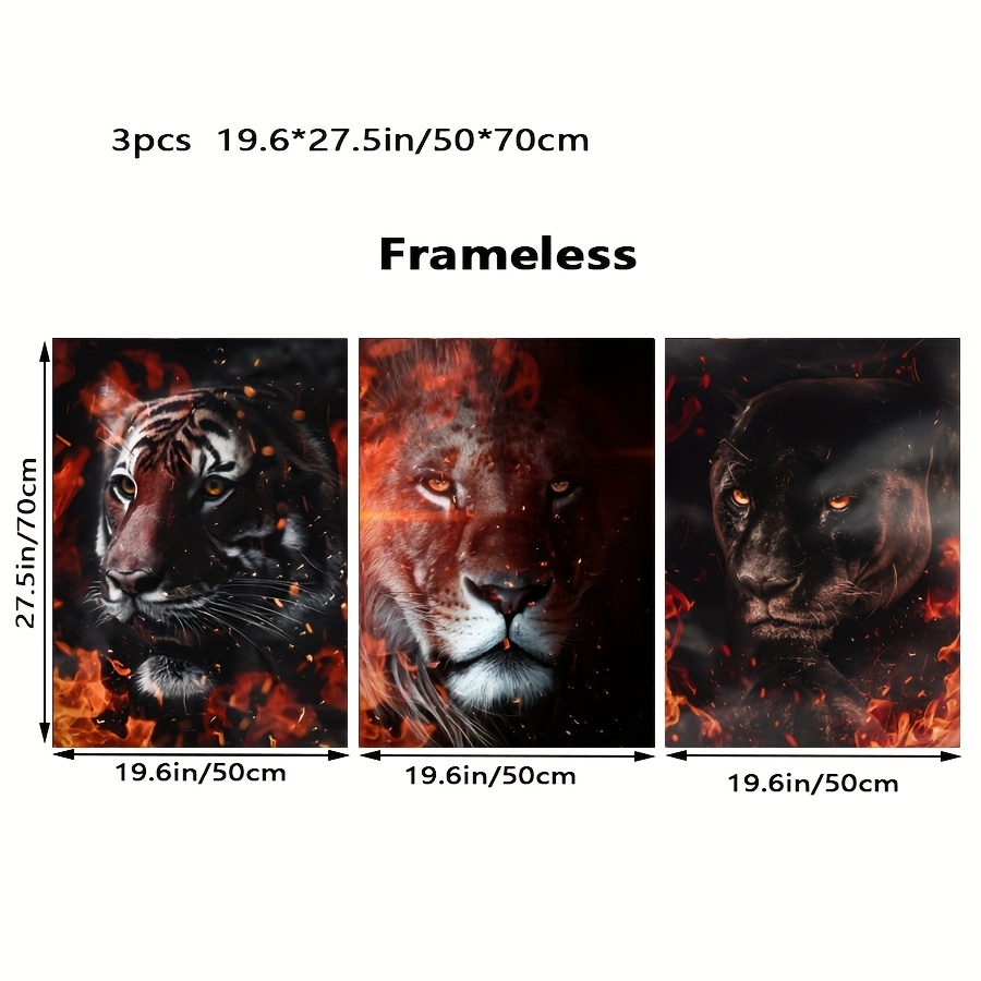 TEMU 2d Flat, 2d Flat, 3pcs Flame Background Animal Portrait Triptych, Wolf, Lion, Leopard Poster Printing, Suitable For Home, Office, Living Room,