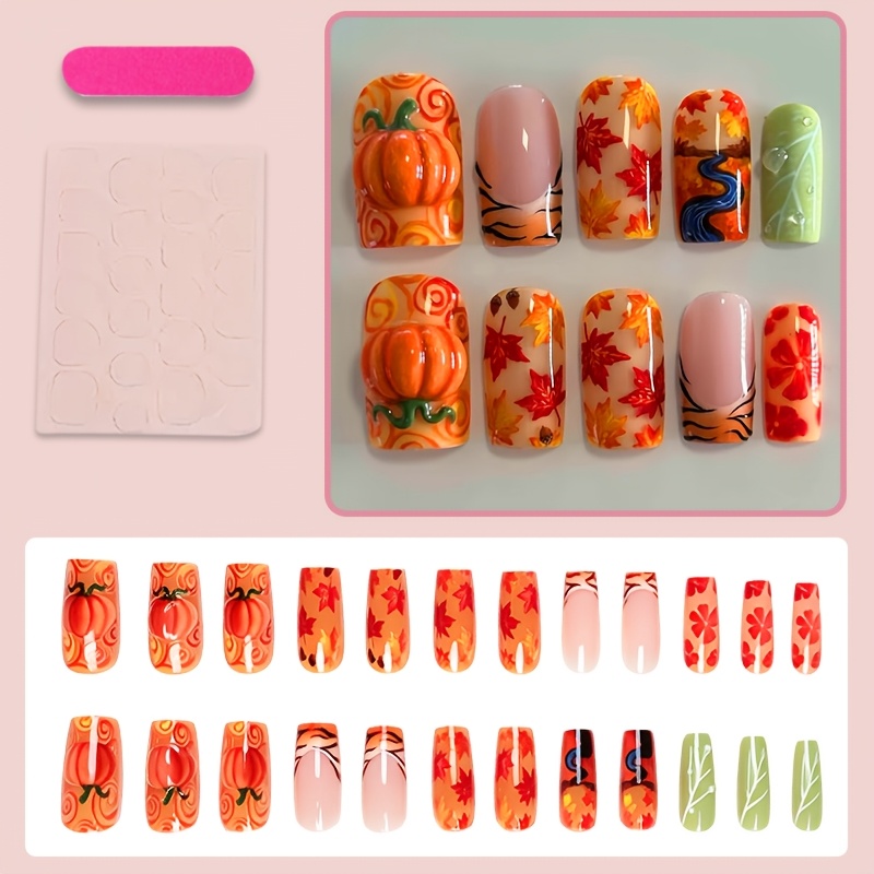 TEMU 24pcs 24pcs Fall Press On Nails Suitable For Women, False Nails With 3d Pumpkin Maple Leaf Patterns, Glossy Reusable Nail Extensions For