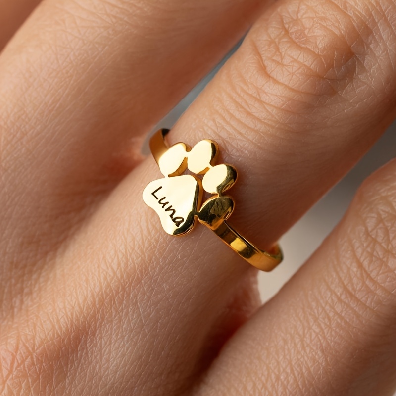 TEMU Personalized Print Custom Stainless Steel Ring, 18k Golden Plated, Customizable Engraving For Your Pet's Name Print. Adjustable Open Band For .