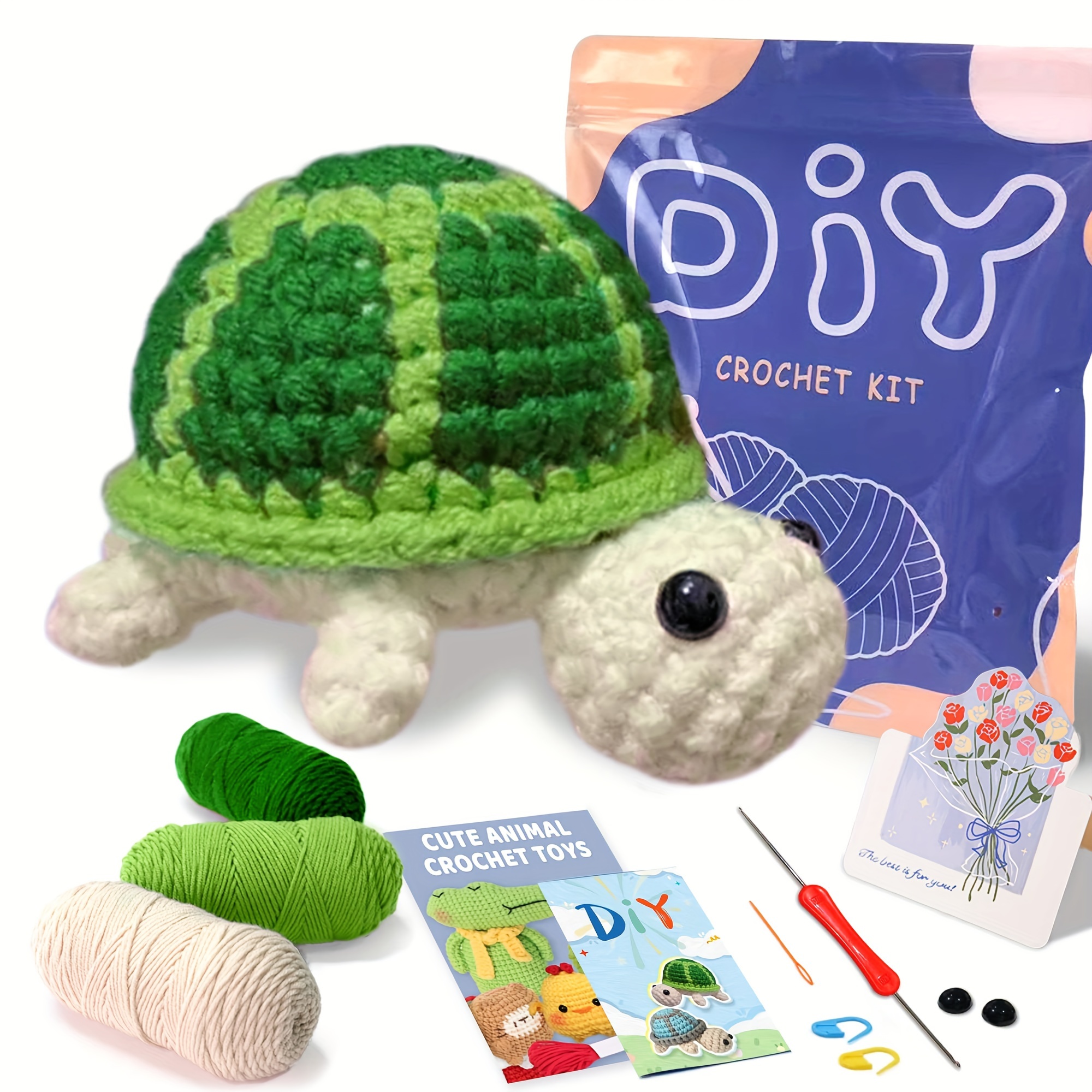 

Beginner Crochet Kit With Turtle & Fox Designs - Complete Starter Set With Hook, Yarn, And Accessories In Green/blue