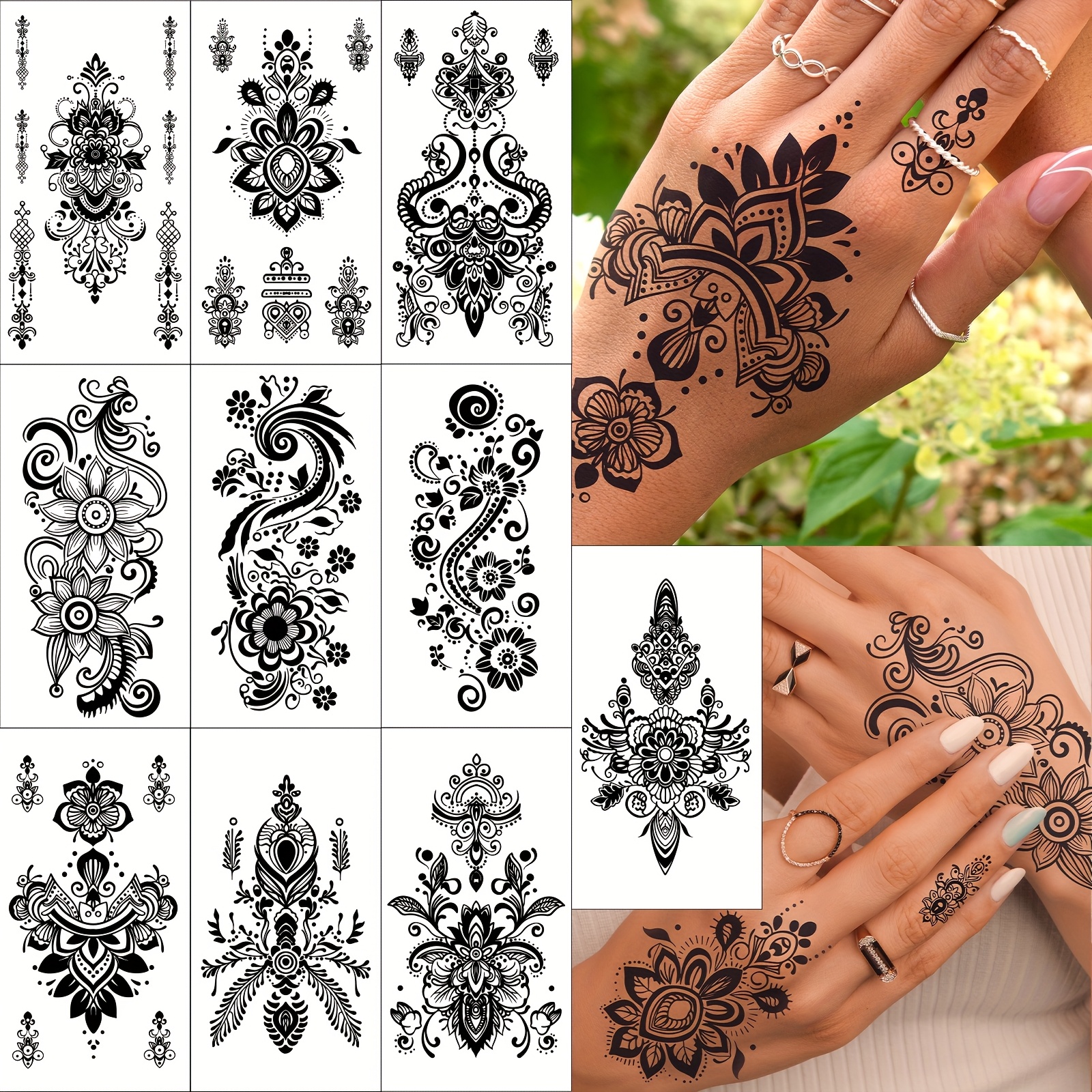 10pcs Black Floral Temporary Tattoo Stickers For Hands And Fingers, Waterproof, Long-lasting, Unisex, Disposable Decals