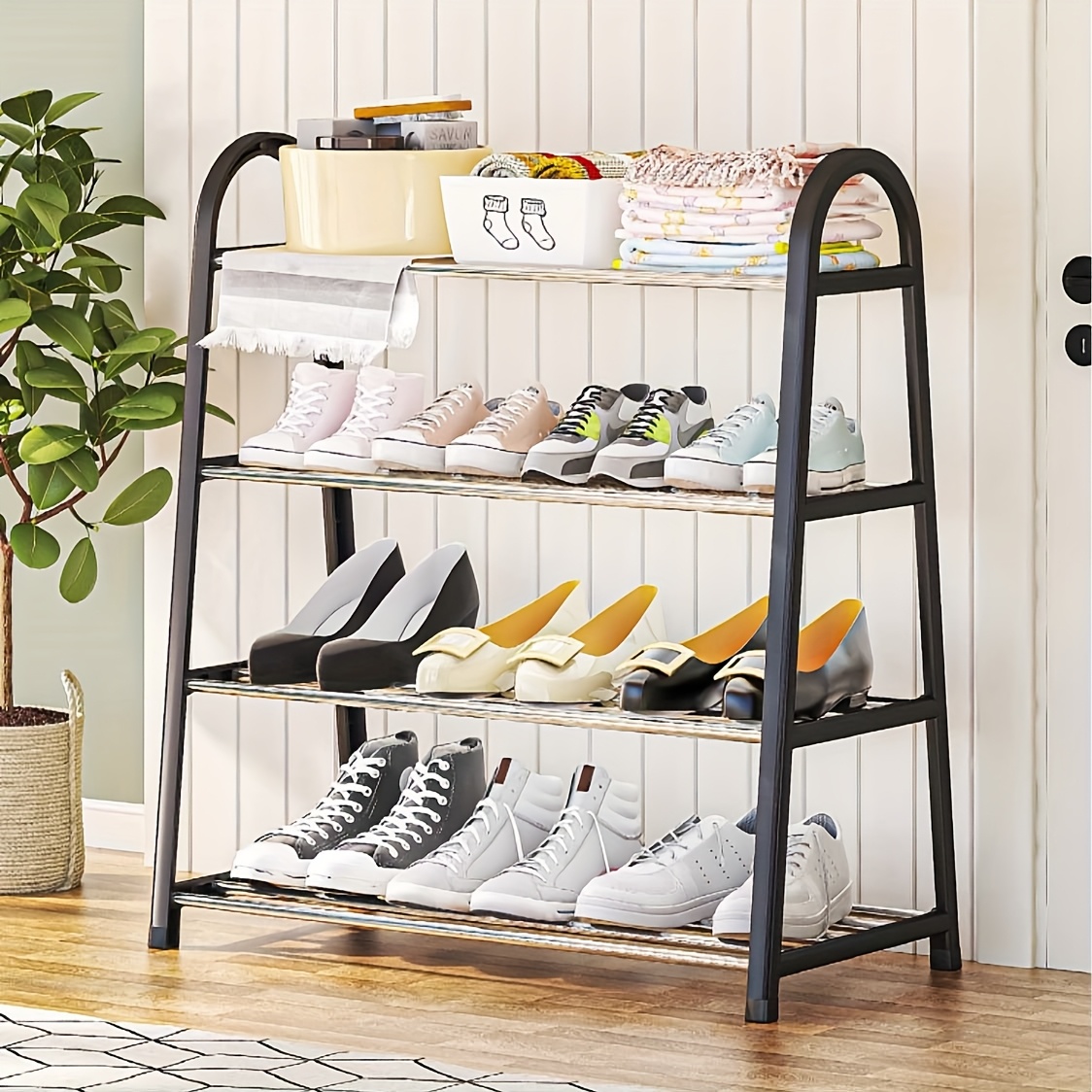 TEMU Black 4-tier Metal Shoe Storage Rack Multifunctional Shoe Cabinet. Shoe Storage Organizer, Shoe Rack Bench. Bedroom Wardrobes Storage Solutions