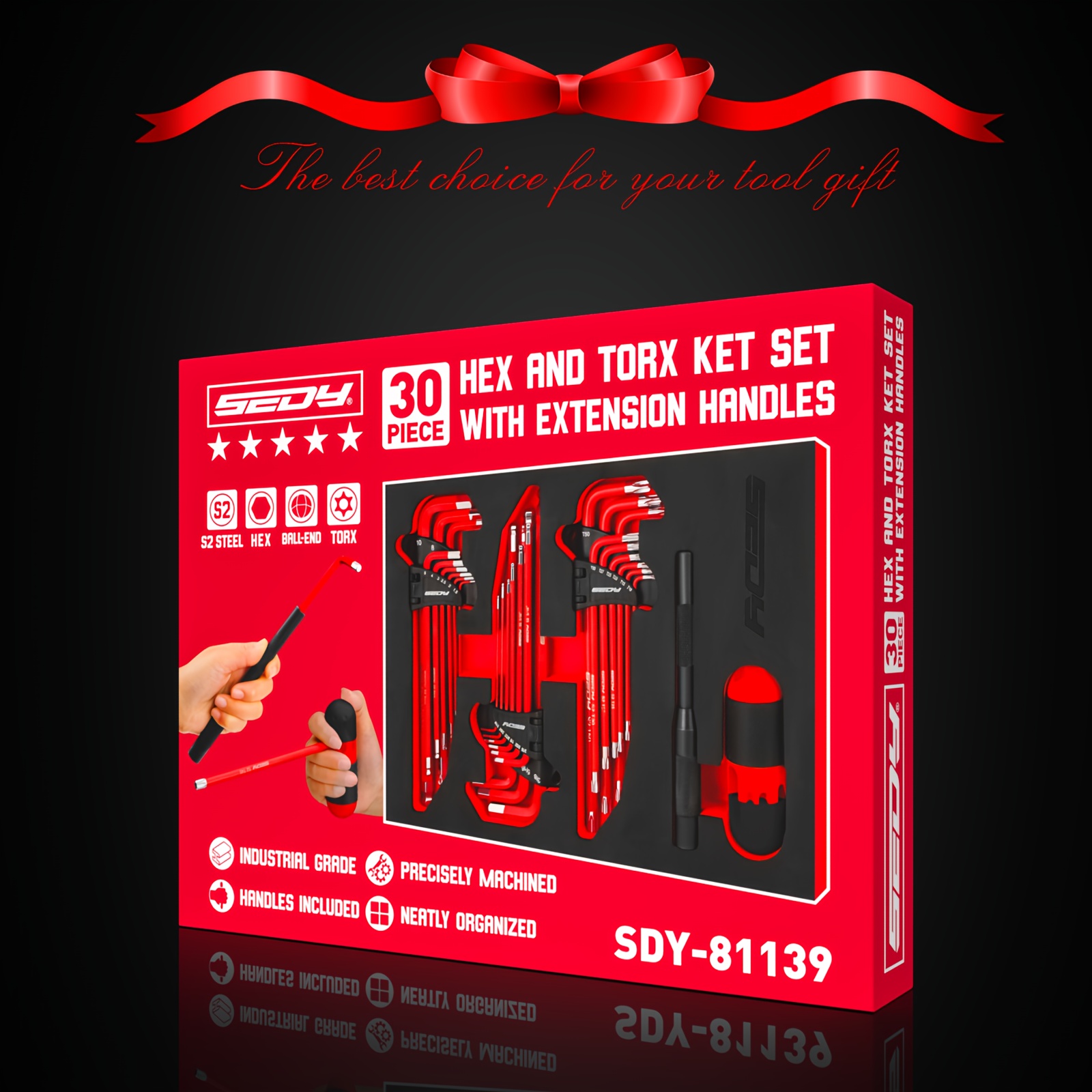 SEDY 30pcs Long Arm Ball End L-Hex & Torx Key Set with Grip Handle, Ultimate Hex Key Wrench Set with T-Handle and Extension Bars, SAE 1/16