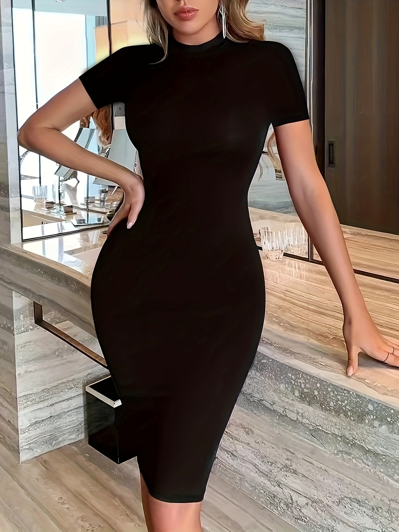 solid color bodycon midi dress elegant mock neck skinny