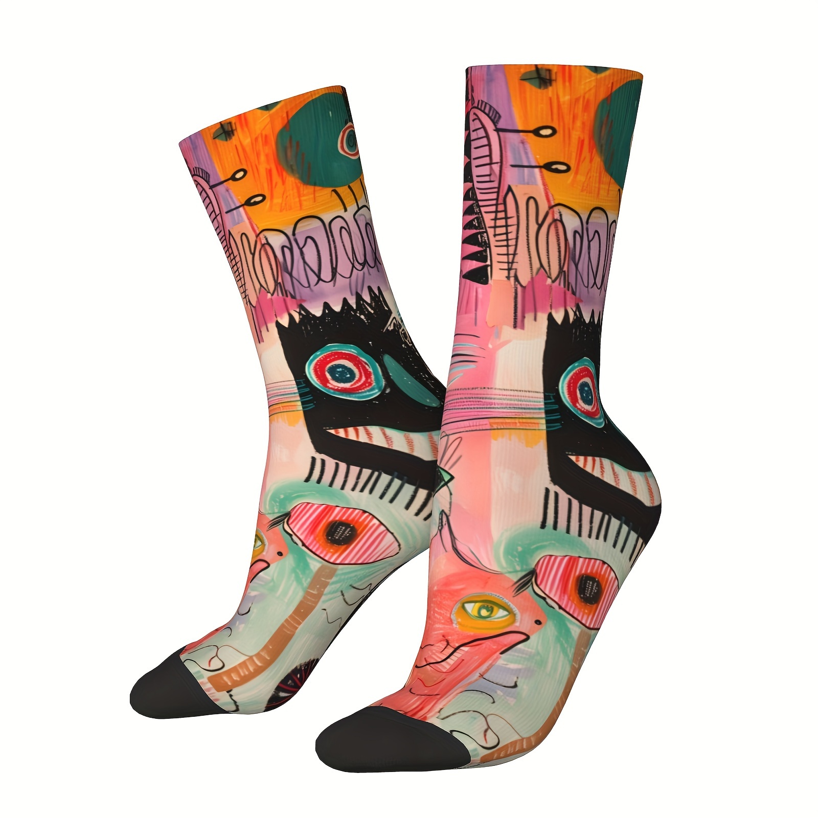 

1 Pair Of Unisex & Vintage Style Novelty Pattern Crew Socks, Trendy Graffiti Men Women Socks, Crazy Funny Socks For Gifts