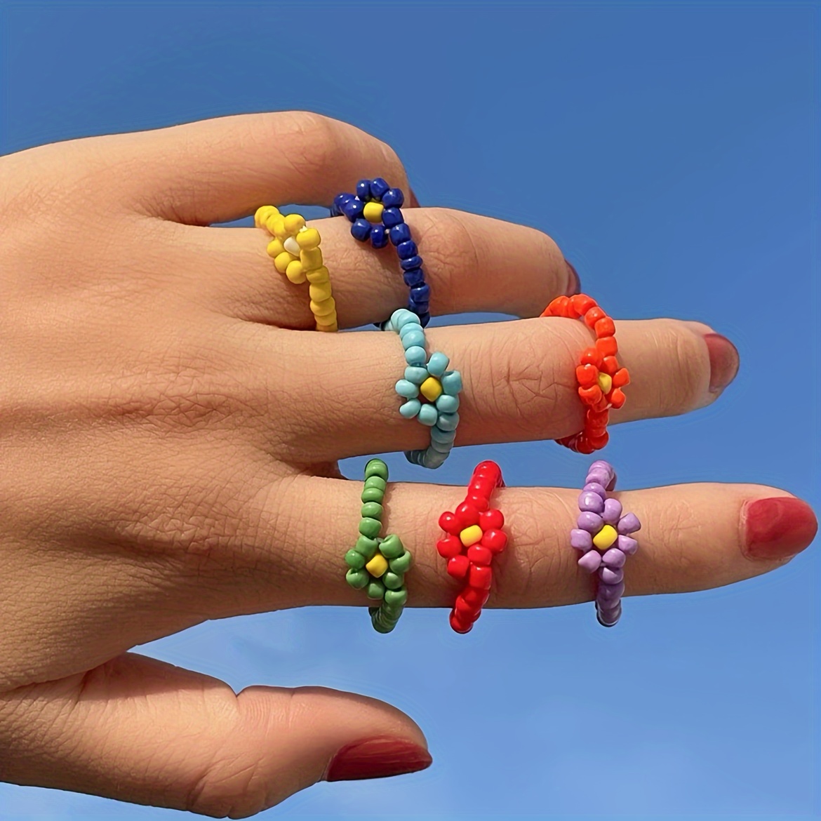 Bohemian Beaded Rings & Floral Bracelets Set