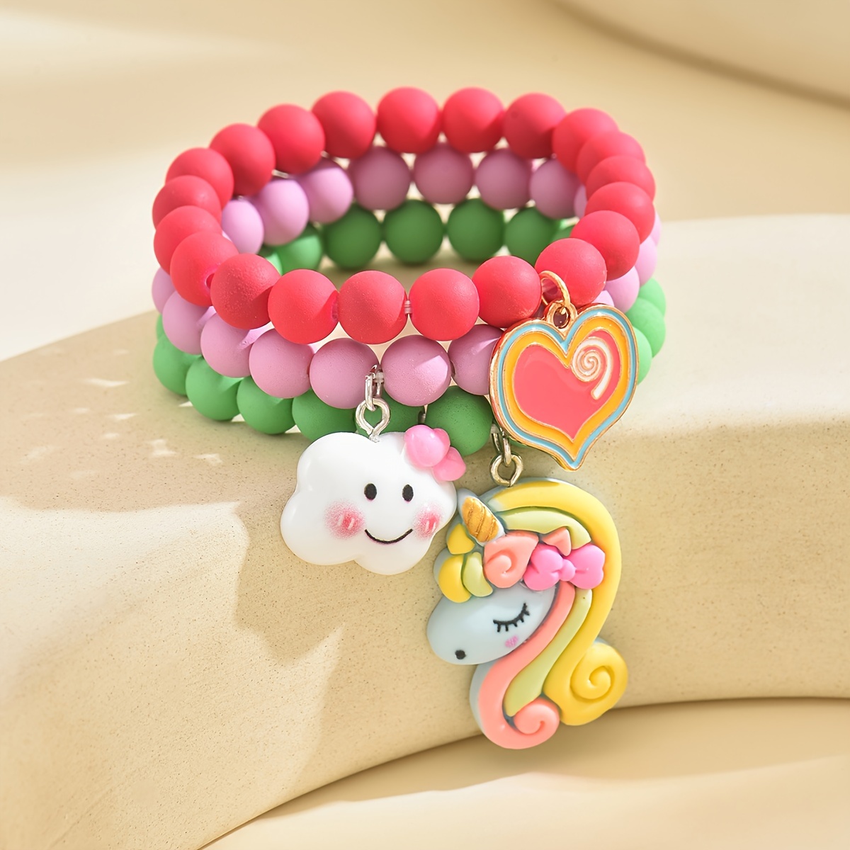 

3pcs Cute Cartoon Minimalist Style Beaded Bracelets, Cute Bracelets With Heart Unicorn Cloud Charm, Daily Decorations For Girls