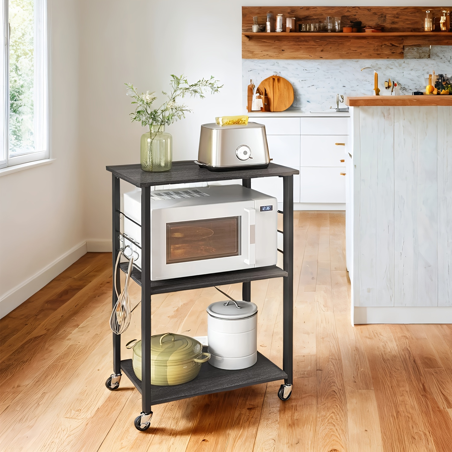 E-shop Aufbewahrungsregal, Küchen-Organizer, mit Rollen, drei Ebenen, mobiler Wagen, Metallgestell, 6 Haken, 40 x 60 x 89 cm, Schwarz