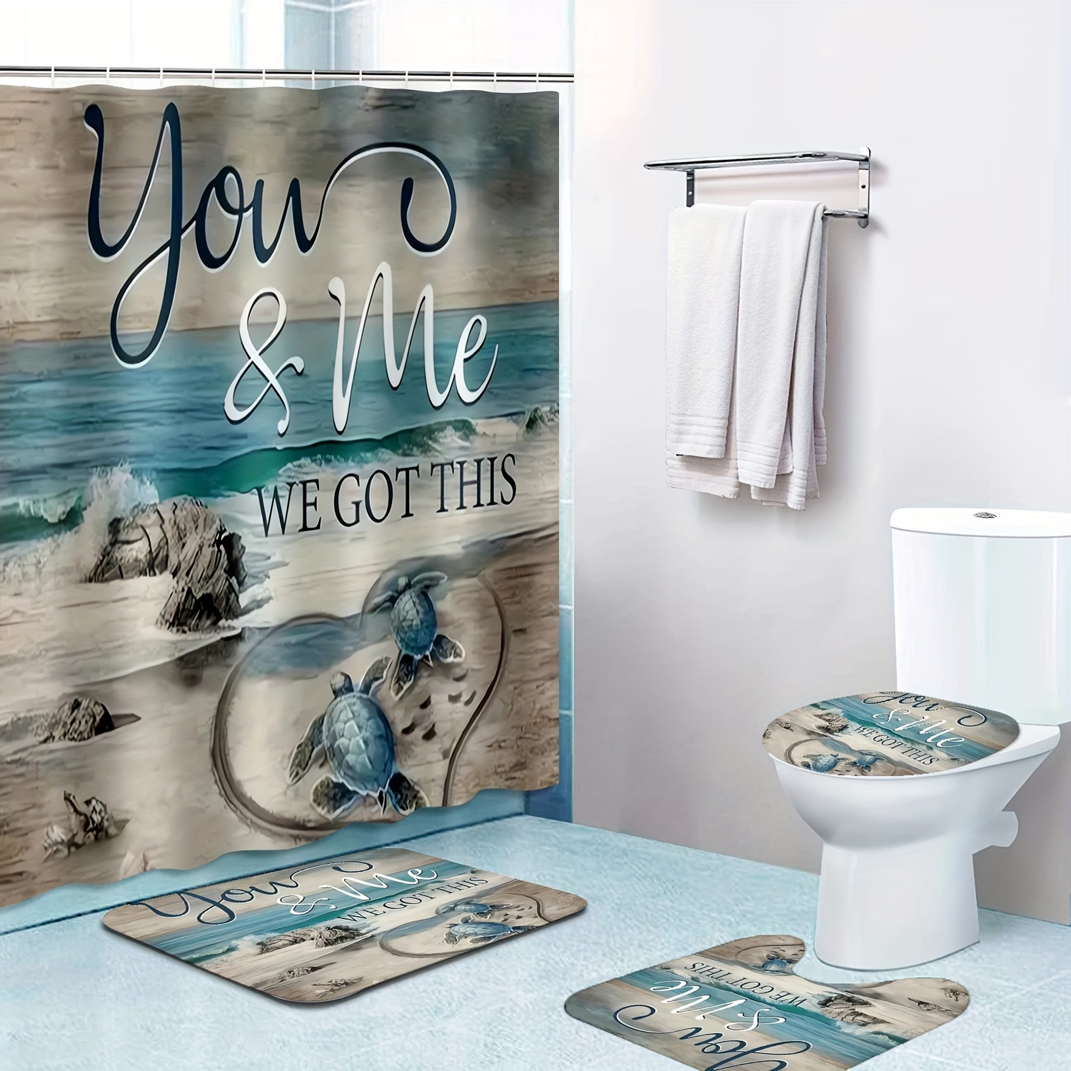 

1/4pcs Beach Turtle Letter Print Shower Curtain Set, Shower Curtain With 12 Hooks, Non-slip Bathroom Rug, Toilet U-shape Mat, Toilet Lid Cover Pad, Bathroom Decor, Shower Curtain Sets For Bathrooms