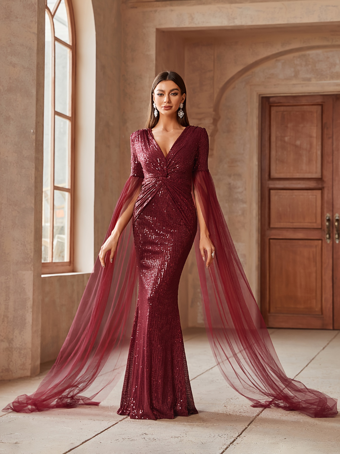 Pailletten Mesh Twist Jurk, Stijlvolle V-hals Bodycon Jurk Voor Feest  Banket, Dameskleding