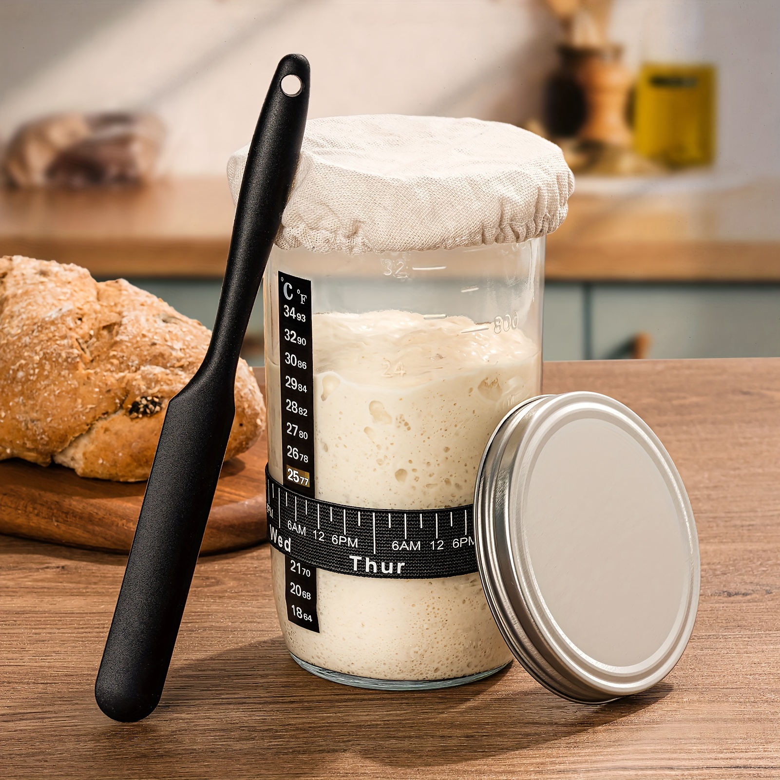 

1/2 Sets 34oz Combler Sourdough Jar With Date Feeding Band, Thermometer, Sourdough Fermentation Jar Scraper, Cloth Cover & Metal Lid, Sourdough Kit