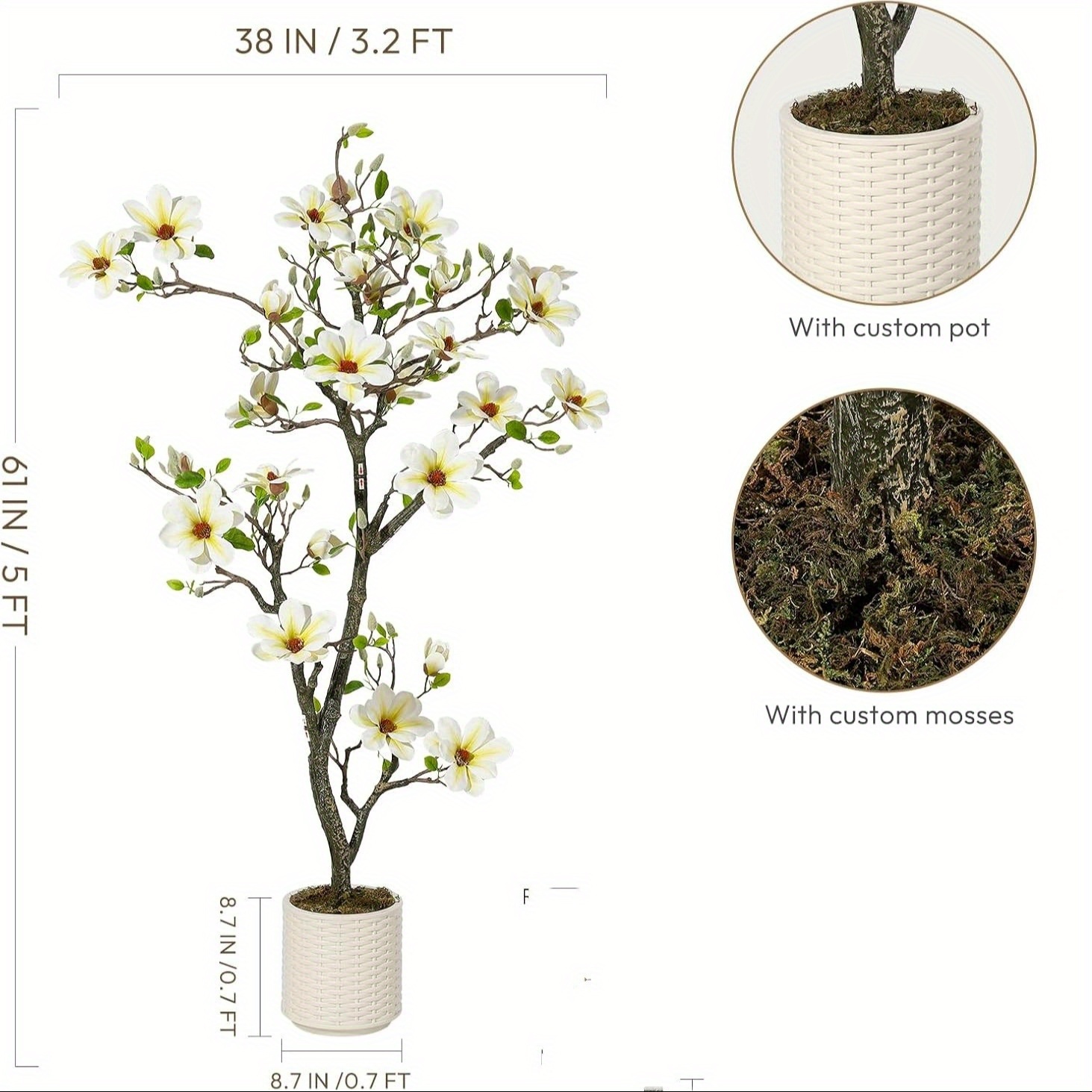 Realistic Magnolia Plant With And Flowers In A White Planter, Ideal For Decorating Your Home, Workplace, Garden, Or Patio