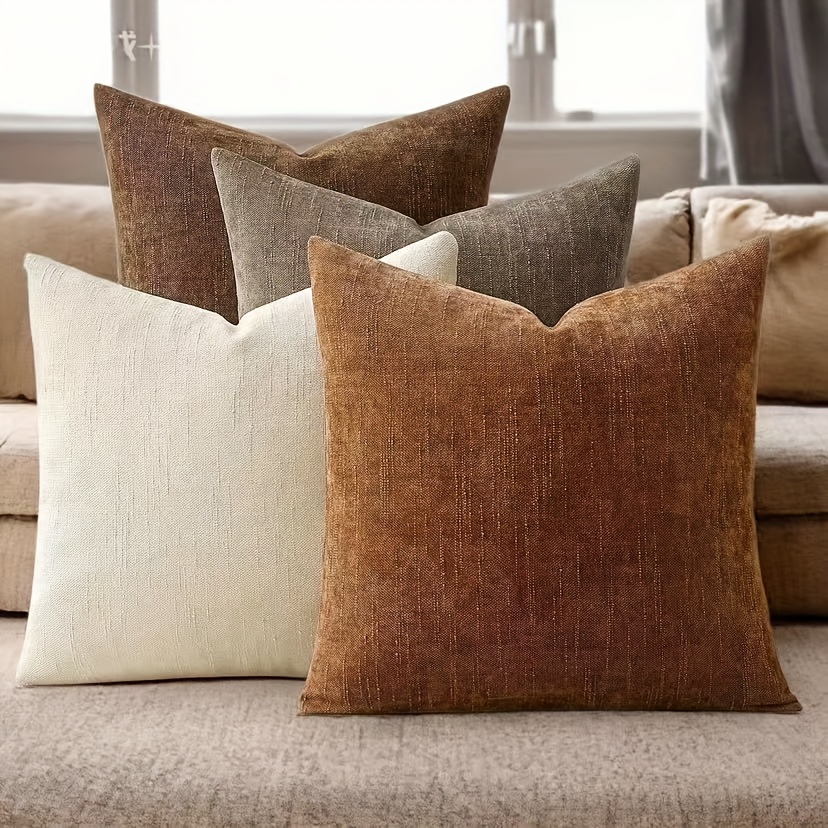 TEMU 4 housses de coussin bohème en chenille pour canapé, lit, salon - Housses décoratives à texture avec fermeture éclair, lavables en machine (