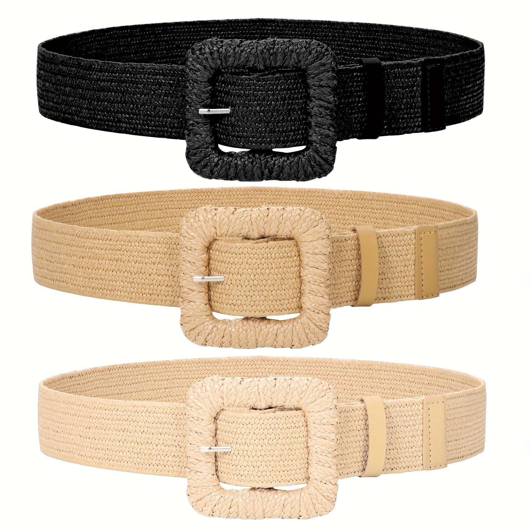 3pc women straw woven elastic stretch waist belts fashion - Temu display picture 1