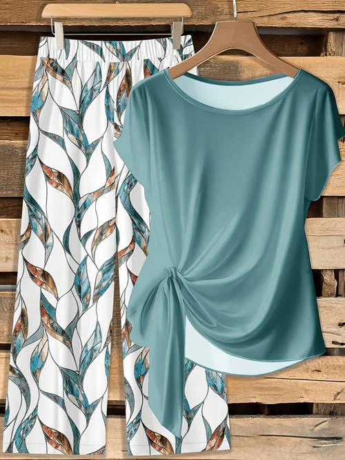 plus size womens 2pcs floral print top and casual pants elegant plus size outfit summer outdoor wear