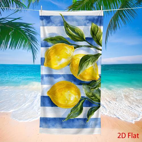 2d flat 2d plane 2d plane 1pc 2d plane towel featuring vibrant yellow lemons and green leaves in a blue and white striped watercolor design microfiber towel is large sized suitable for swimming travel and camping