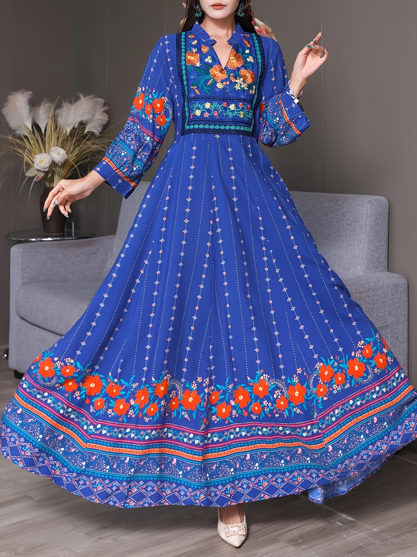 Blue Bohemian Maxi Dress with Floral Print High Low Hem
