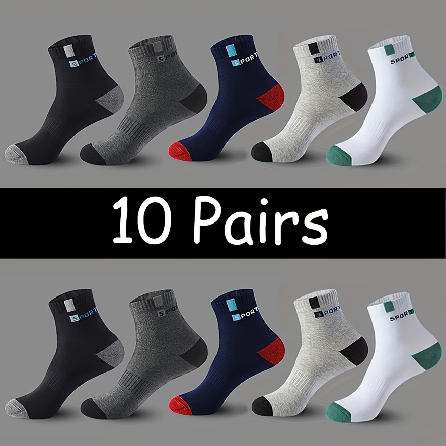 

10 Pairs Men's Cotton Sweat Absorbing Embroidered Athletic Socks, Ankle Socks