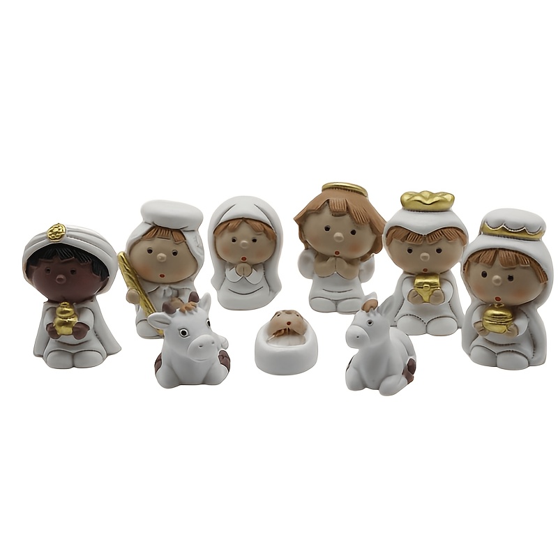 Image of 9pcs/set Creative Cartoon Nativity Resin Home Ornaments, Christmas Manger Desktop Scene Display Stand Decorations, Holiday Party Exquisite Small Gifts, Halloween