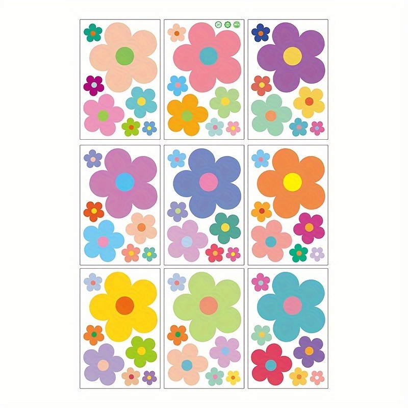 63pcs 9 Sheets Spring Summer Retro Flower Wall Decal Window Clings, Self-adhesive Groovy Boho Decals Colorful Wall Art Decor Pvc Stickers For Party Decor Supplies