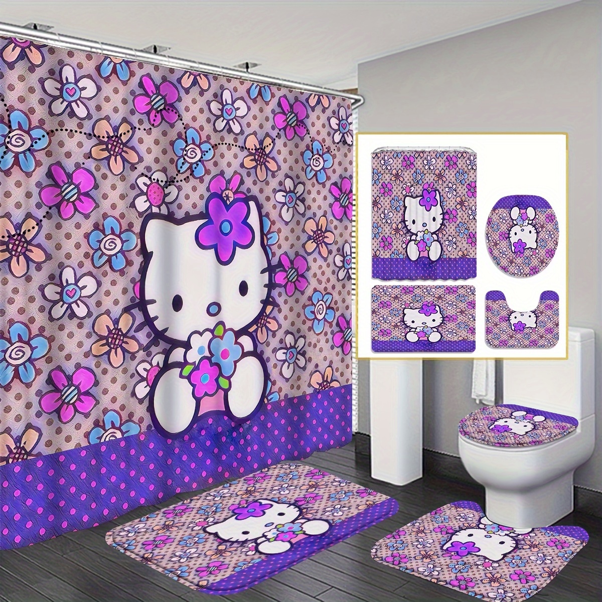 

4pcs Hello Kitty Shower Curtain Set, Beautiful Housewarming And Flowers, Modern Home Curtain Decoration, Waterproof Shower Curtain And Toilet Floor Mat 3 Piece Set With 12 Shower Curtain Hooks