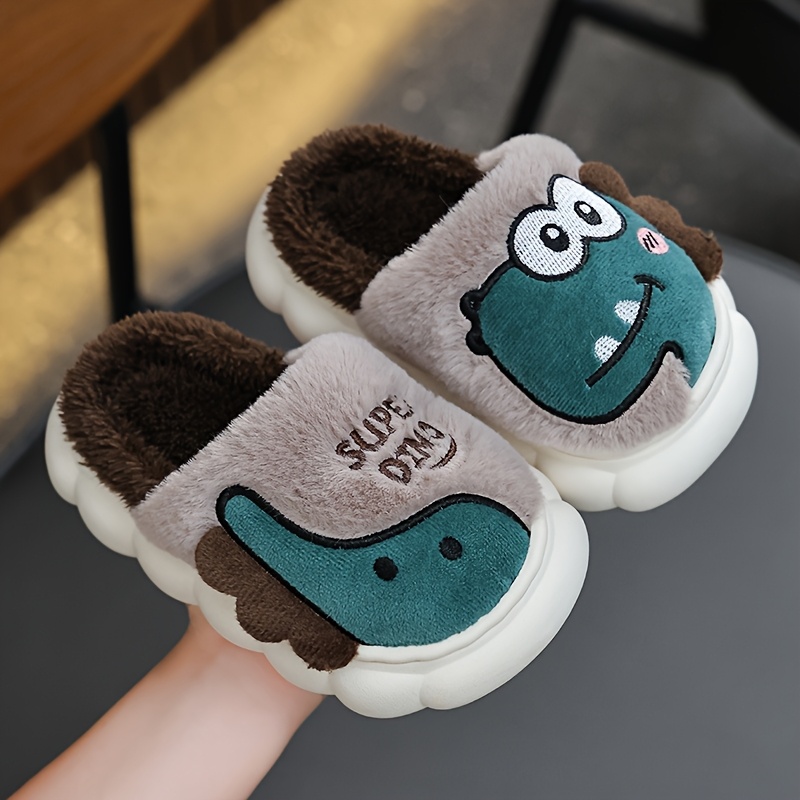 Image of A Pair Of Cute Dinosaur-themed Flat Slippers For Kids, Suitable For Boys And Perfect For Winter