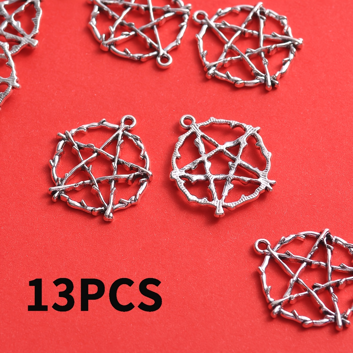 TEMU 13pcs Vintage Thorn Pentagram Pendant Set, Featuring Rugged Lines That Outline The Mysterious Silhouette Of Thorns. The Spiky Texture And