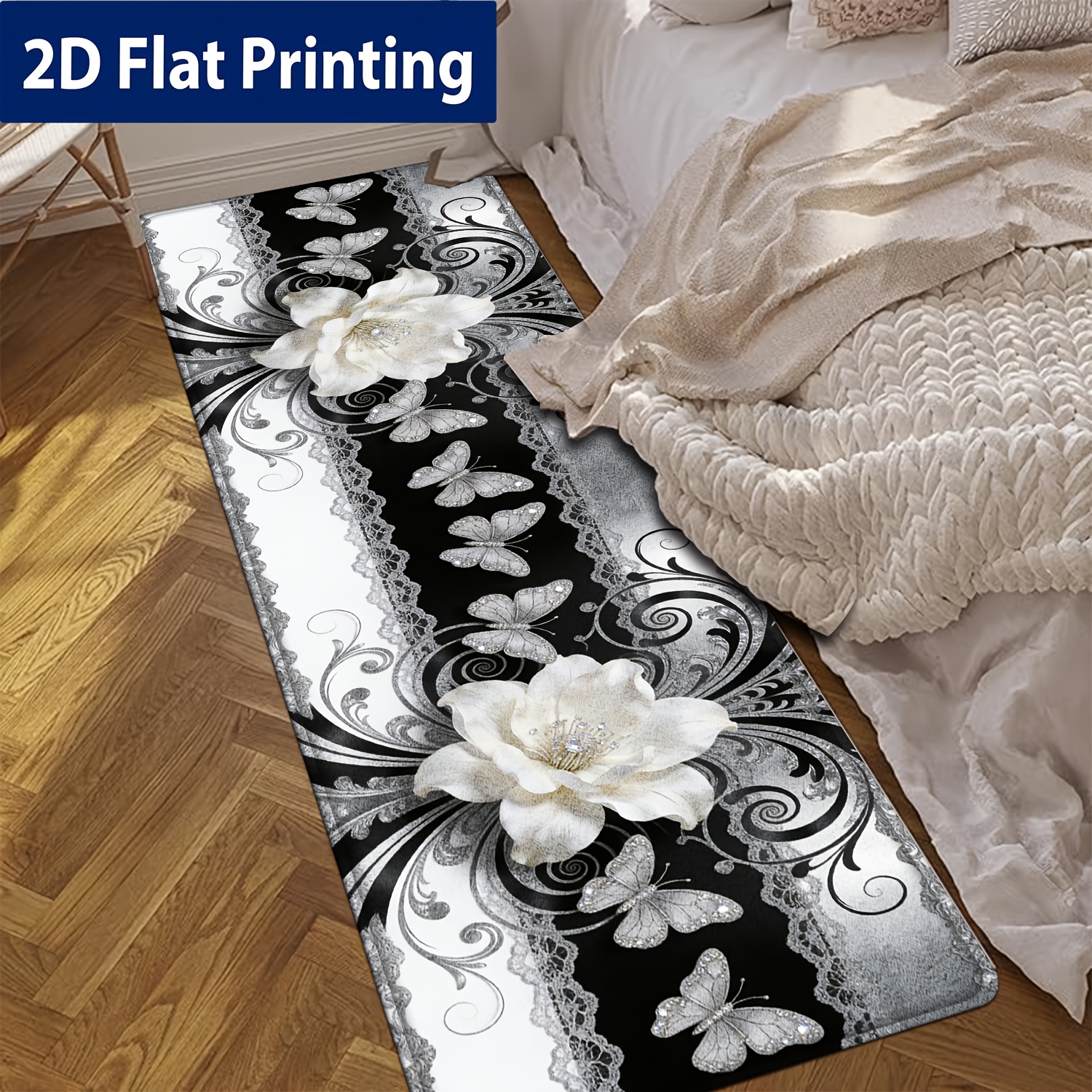 TEMU 1pc, Black And White Lace Flower 2d Flat Printing Pattern, Suitable For Multiple Scenes, Home Decor, Ideal For Daily Or Festive Atmosphere