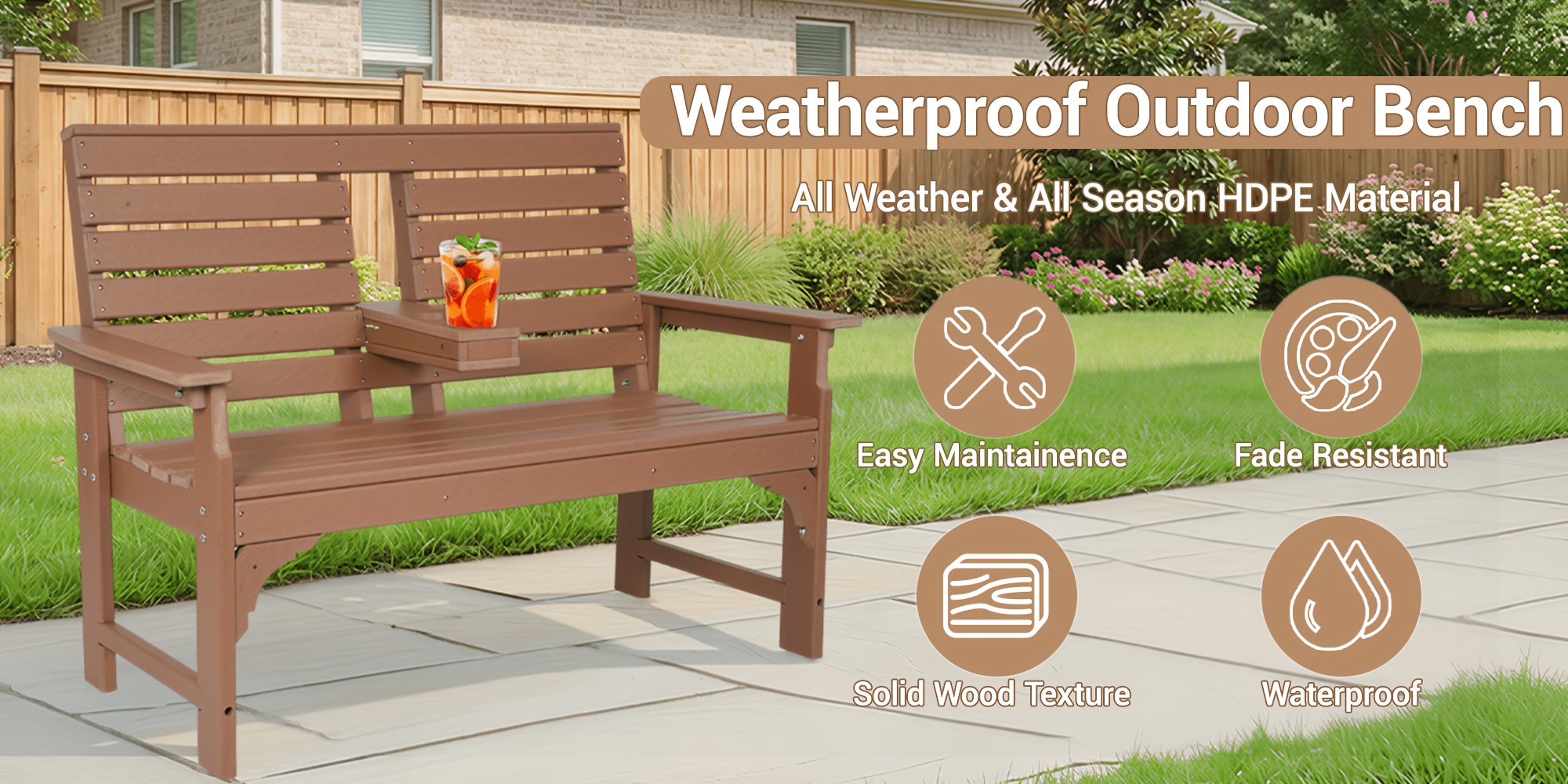 Patio Bench Designed for Two, Featuring Cup Holders And Made from HDPE, Ideal for Gardens And Porches, with Resistance to Fading And Rotting