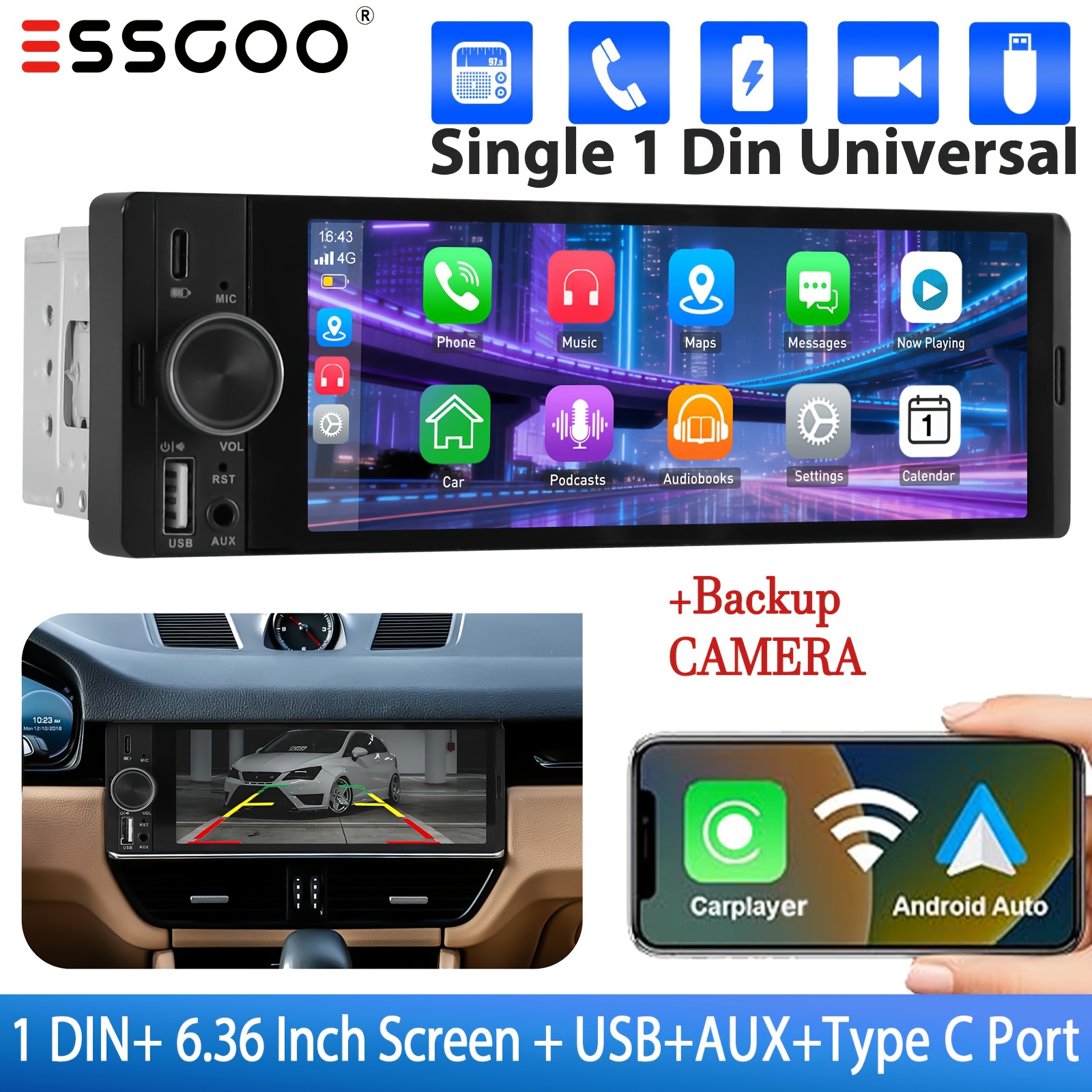 Essgoo Single Din Car Stereo 6.36" Adjustable Ips Touchscreen With & Auto - Single Din, Fm Radio, Usb/type C/aux Steering Wheel Control Car Additions With Backup Camera