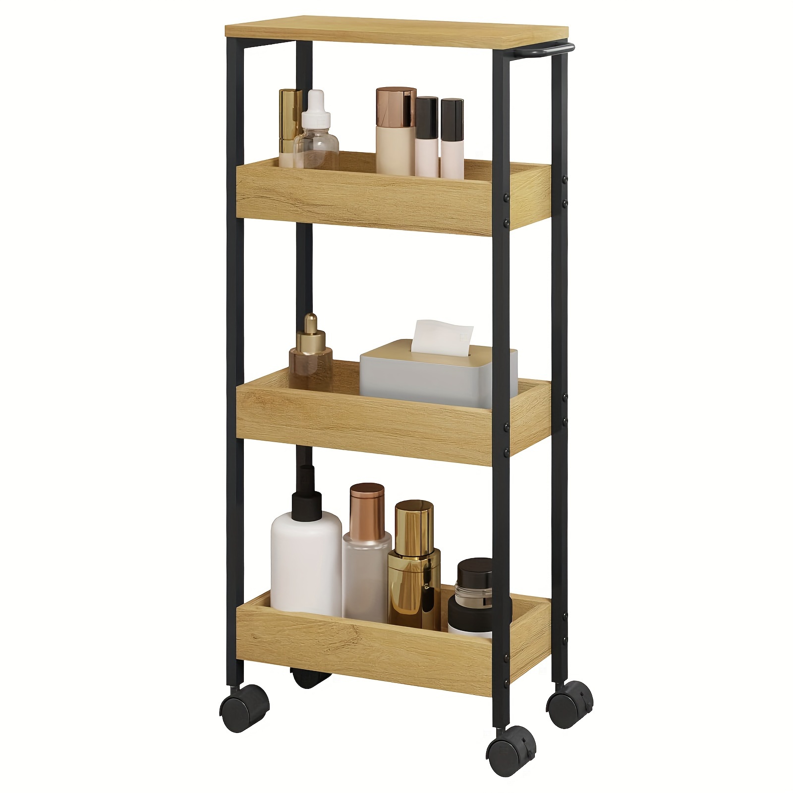 1pc Trolley, Kitchen Trolley With 3 Shelves, Workbench, Narrow Serving Trolley, Niche Shelves On Casters, Niche Trolley, Bathroom Shelves, Space-, 15x82x40 Cm, Light Oak, Black