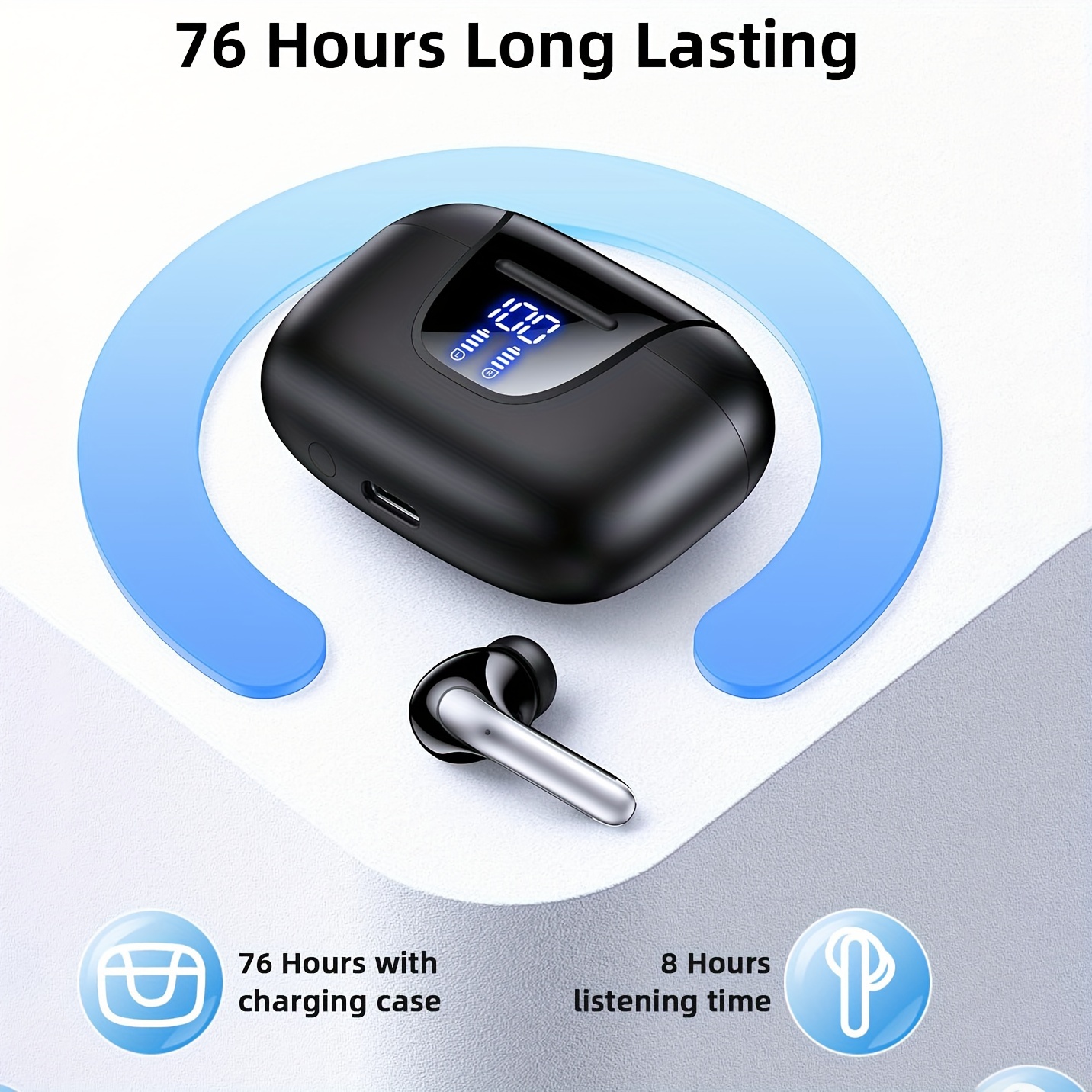 Fone de ouvido sem fio, fones de ouvido sem fio 5.3, buzina de 13 mm, longa duração de reprodução, estojo de carregamento rápido tipo C, fones de ouvido intra-auriculares sem fio estéreo para iPhone e_voghion.com