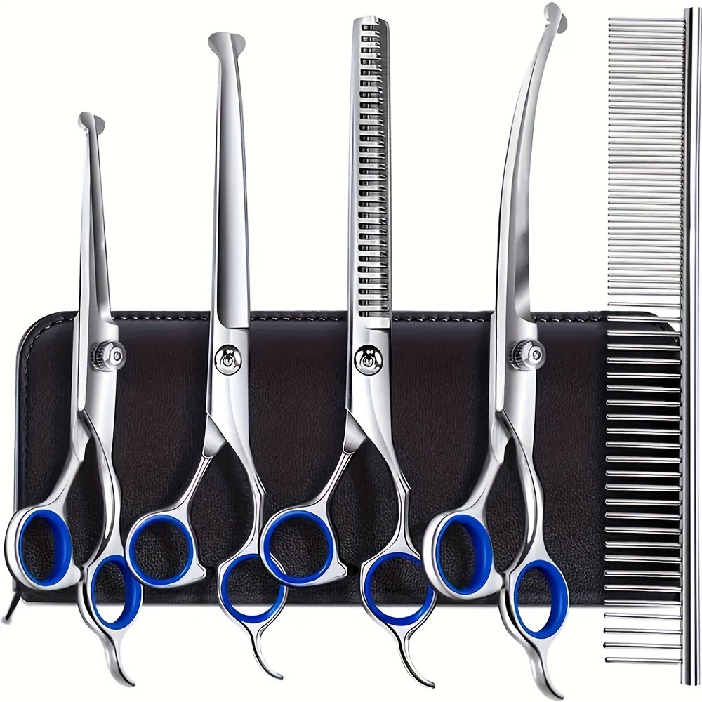 

7 Piece Professional Pet Grooming Scissors Set, Stainless And Cat Hair Thinning Scissors, With Downward Curved, Straight, Curved Scissors And Comb