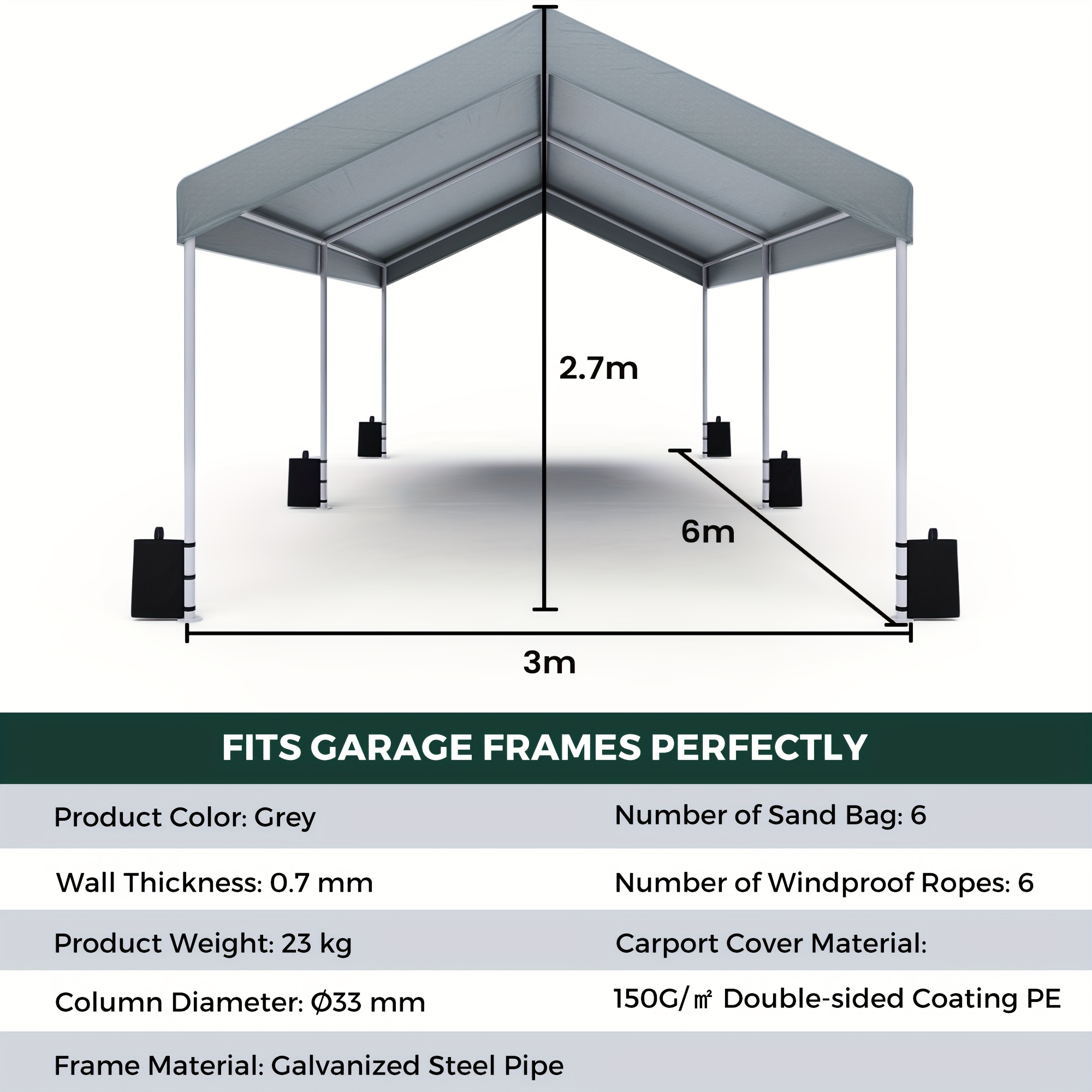   3x6  canopy portable garage uv resistant with built in sandbags ideal for vehicle storage outdoor events market stalls grey