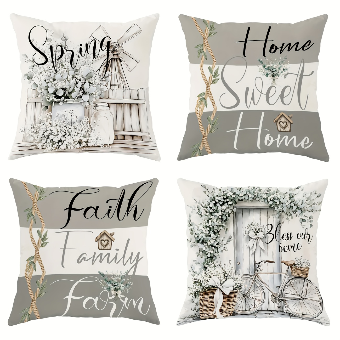 4 Spring Farmhouse Style Throw Pillow Covers - Eucalyptus Teal And Beige Velvet, Single-sided Print, Zipper Closure, Suitable For Car Bed Sofa Decoration, Etc
