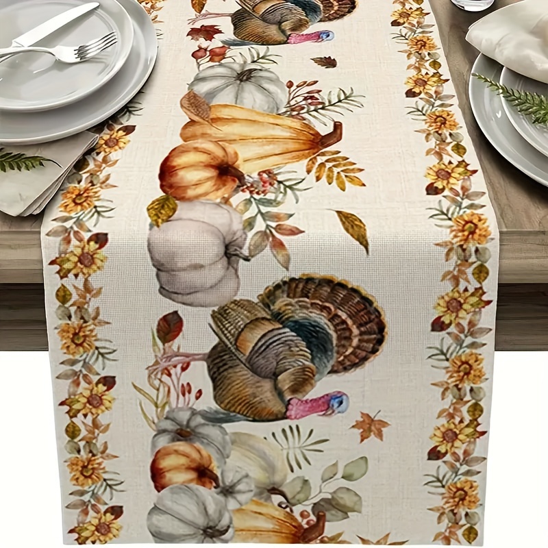 

Charming Thanksgiving Turkey Table Runner - Autumn Pumpkin & Maple Leaf Design, Polyester, , Dining Rooms, And Picnics