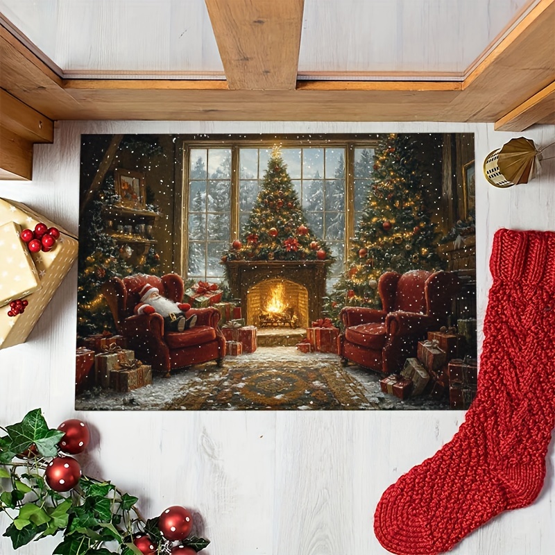 christmas holiday doormat with santa claus and fireplace design non slip rubber backed washable polyester rectangular entrance mat festive xmas   decoration lightweight braided rug details 5