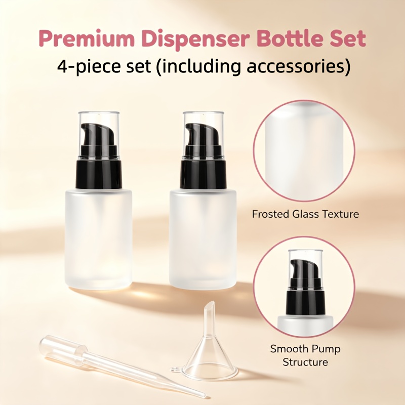 TEMU 4pcs Set (including Additions) 30ml 1oz Premium Empty Reusable Refillable Frosted Glass Pump Bottle Foundation Container, Makeup Remover Water