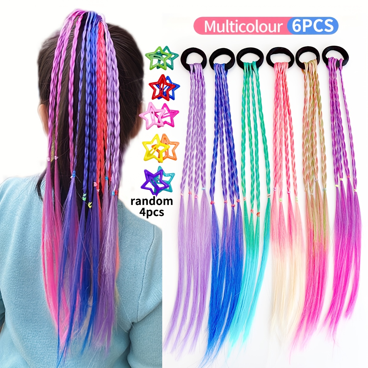 Image of 10pcs Hair Additions Colorful Braided Wig Hair Circle - Dirty Braids Hair Rope - Suitable For Gifts (6pcs Wig Hair Circle + Random Color 4pcs Five-pointed Hair Clip)
