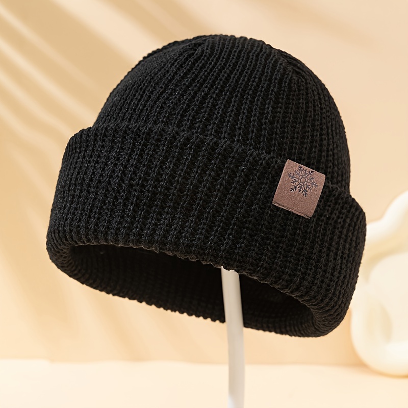 

Black Knit Beanie With Leather Patch - 100% Acrylic, For Autumn/winter - , Ribbed Texture, Outdoor Cycling & Skiing Skull Cap